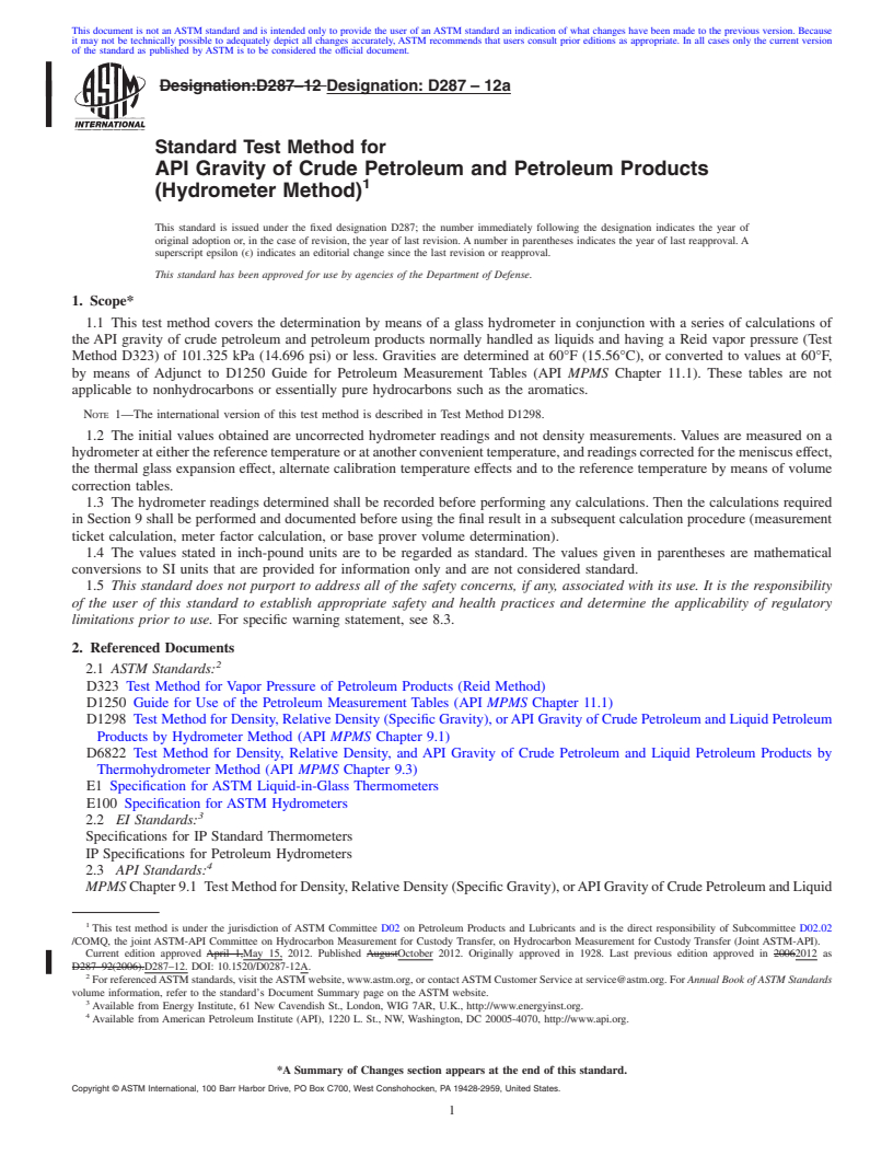 REDLINE ASTM D287-12a - Standard Test Method for API Gravity of Crude Petroleum and Petroleum Products (Hydrometer Method)