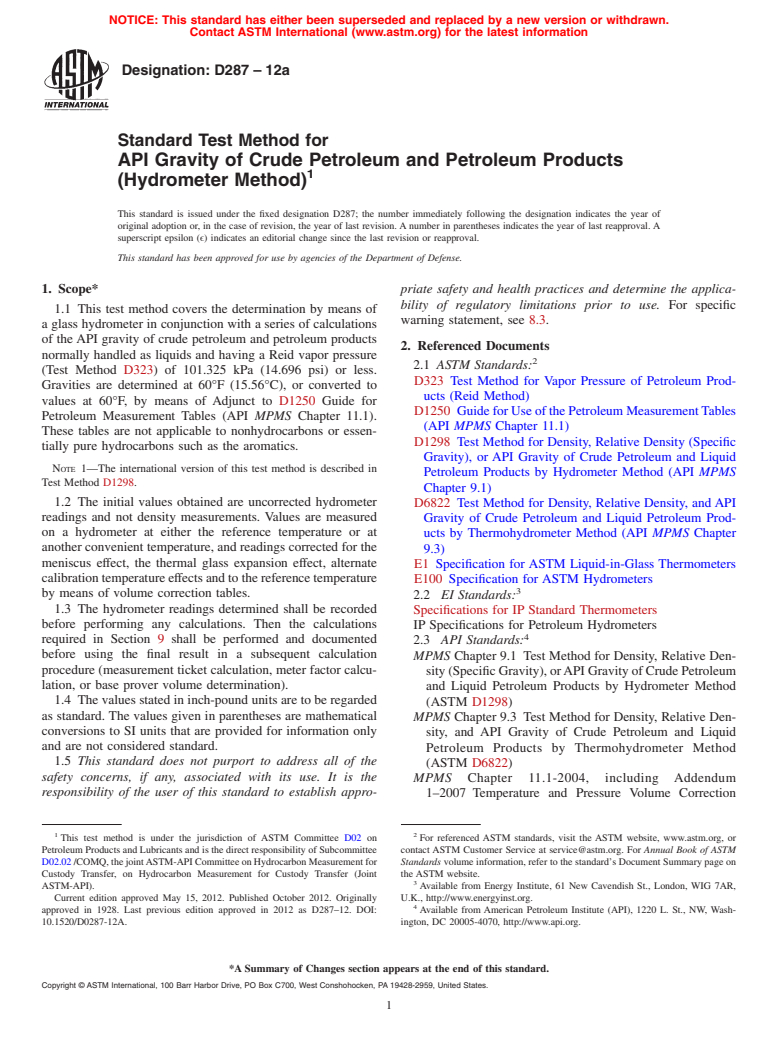 ASTM D287-12a - Standard Test Method for API Gravity of Crude Petroleum and Petroleum Products (Hydrometer Method)