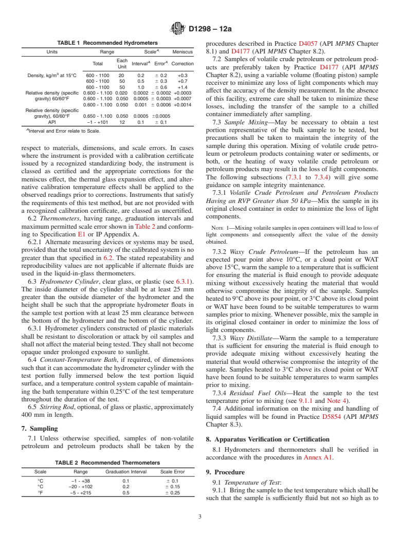 ASTM D1298-12a - Standard Test Method for Density, Relative Density (Specific Gravity), or API Gravity of Crude Petroleum and Liquid Petroleum Products by Hydrometer Method