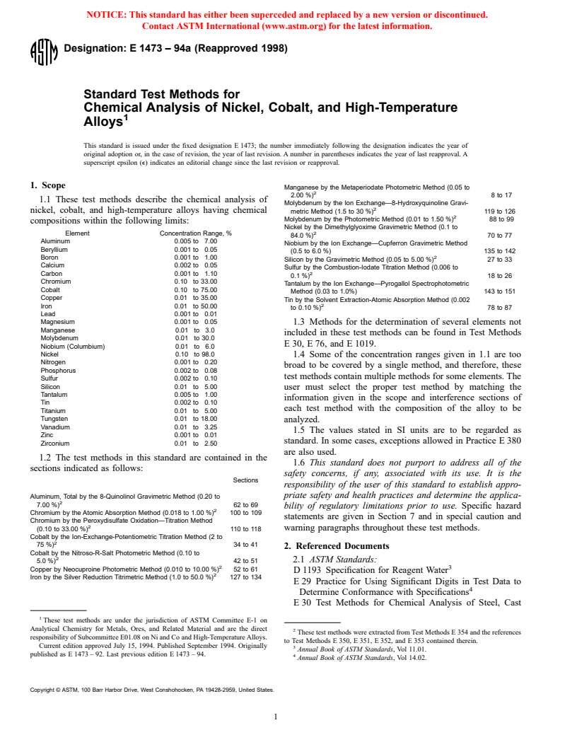 ASTM E1473-94a(1998) - Standard Test Methods for Chemical Analysis of Nickel, Cobalt, and High-Temperature Alloys