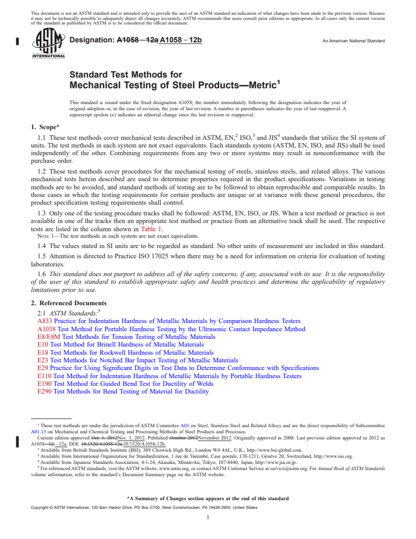 REDLINE ASTM A1058-12b - Standard Test Methods for Mechanical Testing of Steel Products&#x2014;Metric