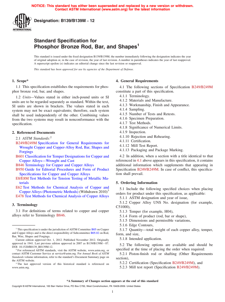 ASTM B139/B139M-12 - Standard Specification for Phosphor Bronze Rod, Bar, and Shapes