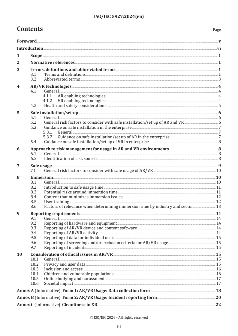 ISO/IEC 5927:2024 ISO/IEC 5927:2024 - Computer graphics, image processing and environmental data representation — Augmented and virtual reality safety — Guidance on safe immersion, set up and usage
Released:16. 02. 2024