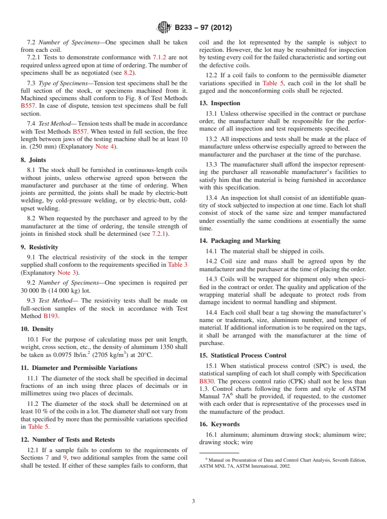 ASTM B233-97(2012) - Standard Specification for Aluminum 1350 Drawing Stock for Electrical Purposes