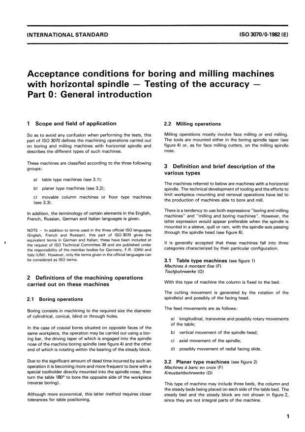 ISO 3070-0:1982 - Acceptance conditions for boring and milling machines with horizontal spindle -- Testing of the accuracy