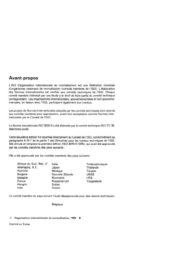 ISO 3070-0:1982 ISO 3070-0:1982 - Conditions de réception des machines a aléser et a fraiser, a broche horizontale -- Contrôle de la précision - Page 2 preview