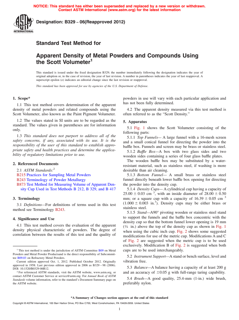 ASTM B329-06(2012) - Standard Test Method for<brk type="line"/>  Apparent Density of Metal Powders and Compounds Using the Scott  Volumeter