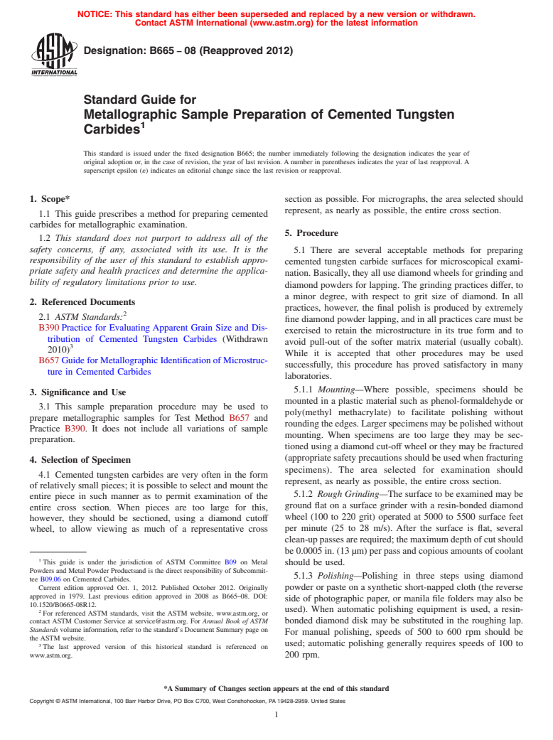 ASTM B665-08(2012) - Standard Guide for  Metallographic Sample Preparation of Cemented Tungsten Carbides