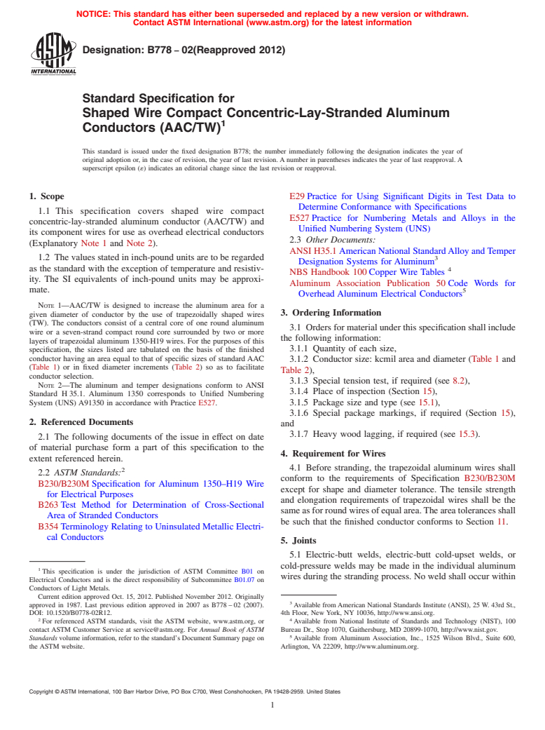 ASTM B778-02(2012) - Standard Specification for Shaped Wire Compact Concentric-Lay-Stranded Aluminum Conductors (AAC/TW)