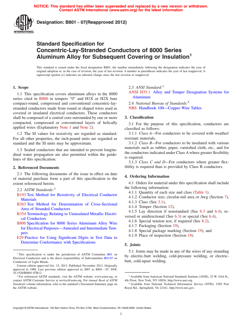 ASTM B801-07(2012) - Standard Specification for Concentric-Lay-Stranded Conductors of 8000 Series Aluminum Alloy for Subsequent Covering or Insulation