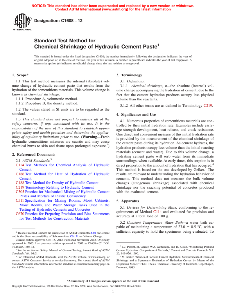 ASTM C1608-12 - Standard Test Method for Chemical Shrinkage of Hydraulic Cement Paste