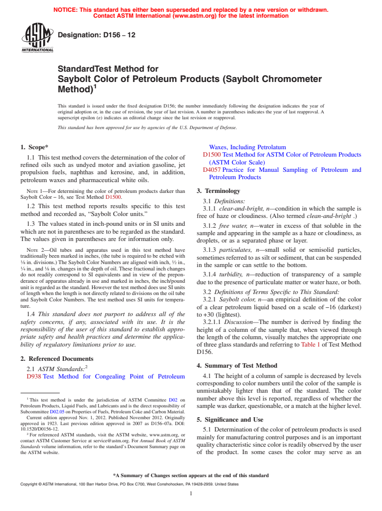 ASTM D156-12 - Standard Test Method for Saybolt Color of Petroleum Products (Saybolt Chromometer Method)