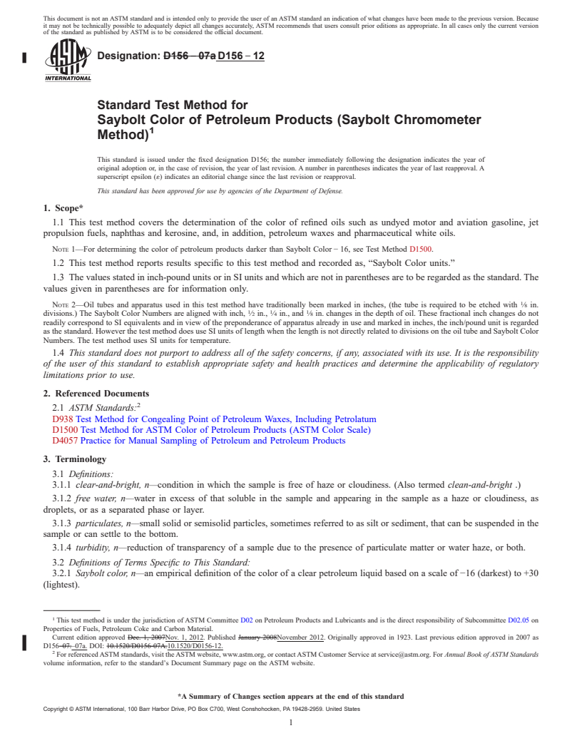 REDLINE ASTM D156-12 - Standard Test Method for Saybolt Color of Petroleum Products (Saybolt Chromometer Method)