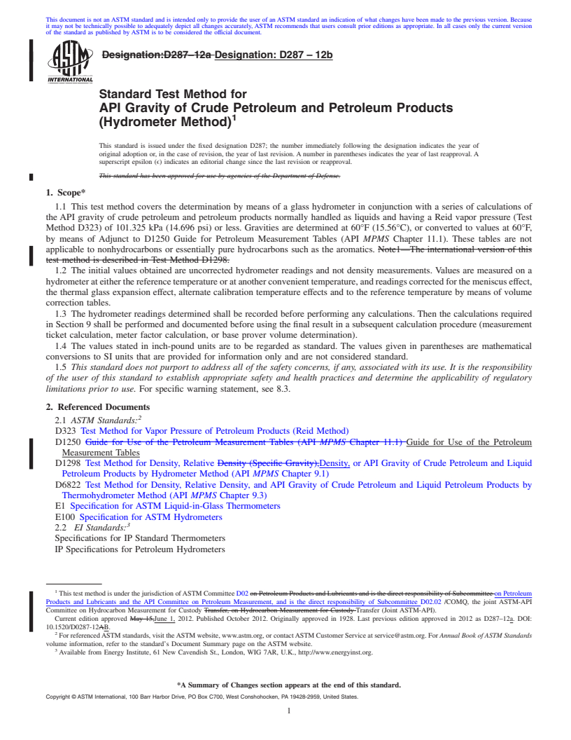 REDLINE ASTM D287-12b - Standard Test Method for API Gravity of Crude Petroleum and Petroleum Products (Hydrometer Method)