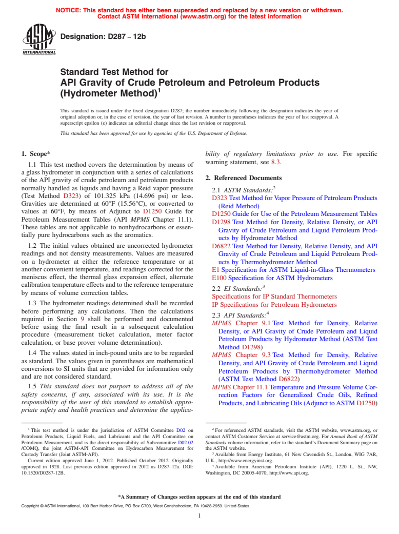 ASTM D287-12b - Standard Test Method for API Gravity of Crude Petroleum and Petroleum Products (Hydrometer Method)