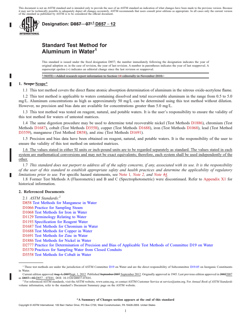 REDLINE ASTM D857-12 - Standard Test Method for  Aluminum in Water