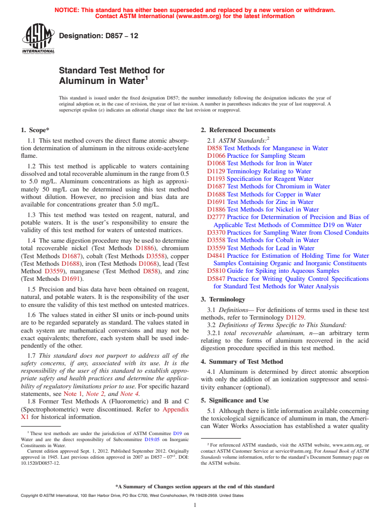 ASTM D857-12 - Standard Test Method for  Aluminum in Water