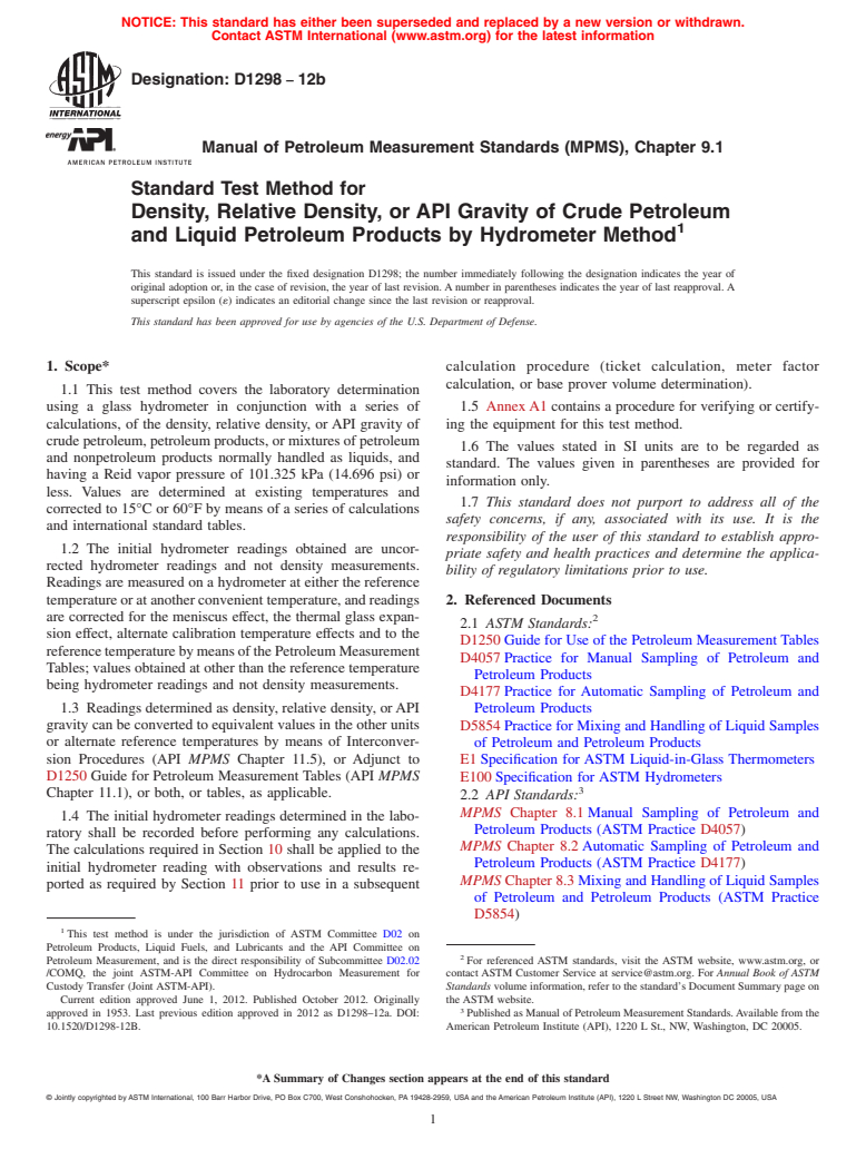 ASTM D1298-12b - Standard Test Method for Density, Relative Density, or API Gravity of Crude Petroleum and Liquid Petroleum Products by Hydrometer Method