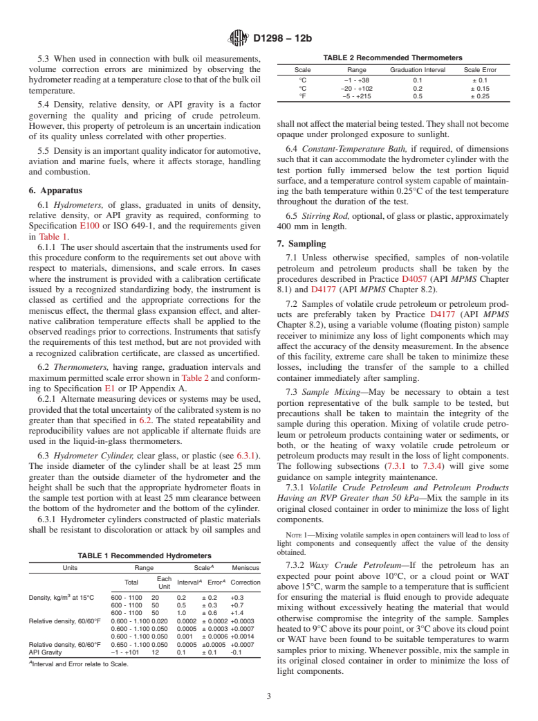 ASTM D1298-12b - Standard Test Method for Density, Relative Density, or API Gravity of Crude Petroleum and Liquid Petroleum Products by Hydrometer Method