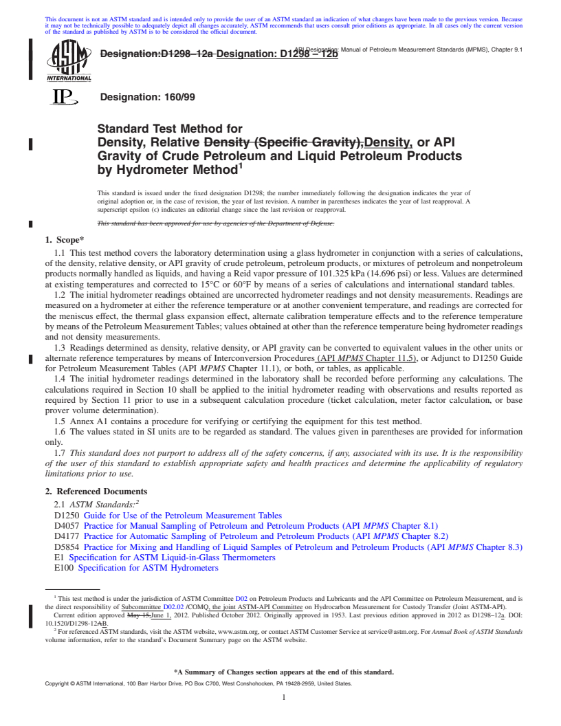 REDLINE ASTM D1298-12b - Standard Test Method for Density, Relative Density, or API Gravity of Crude Petroleum and Liquid Petroleum Products by Hydrometer Method