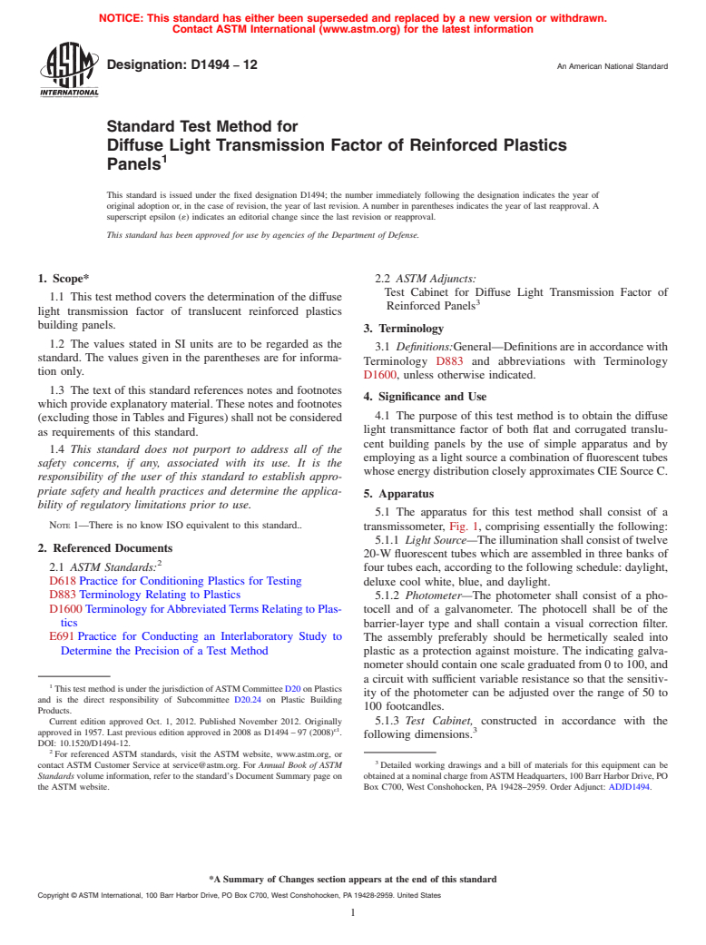 ASTM D1494-12 - Standard Test Method for  Diffuse Light Transmission Factor of Reinforced Plastics Panels