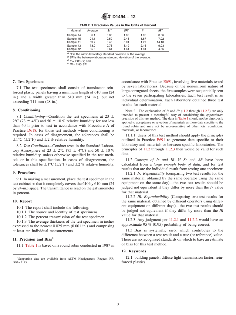 ASTM D1494-12 - Standard Test Method for  Diffuse Light Transmission Factor of Reinforced Plastics Panels