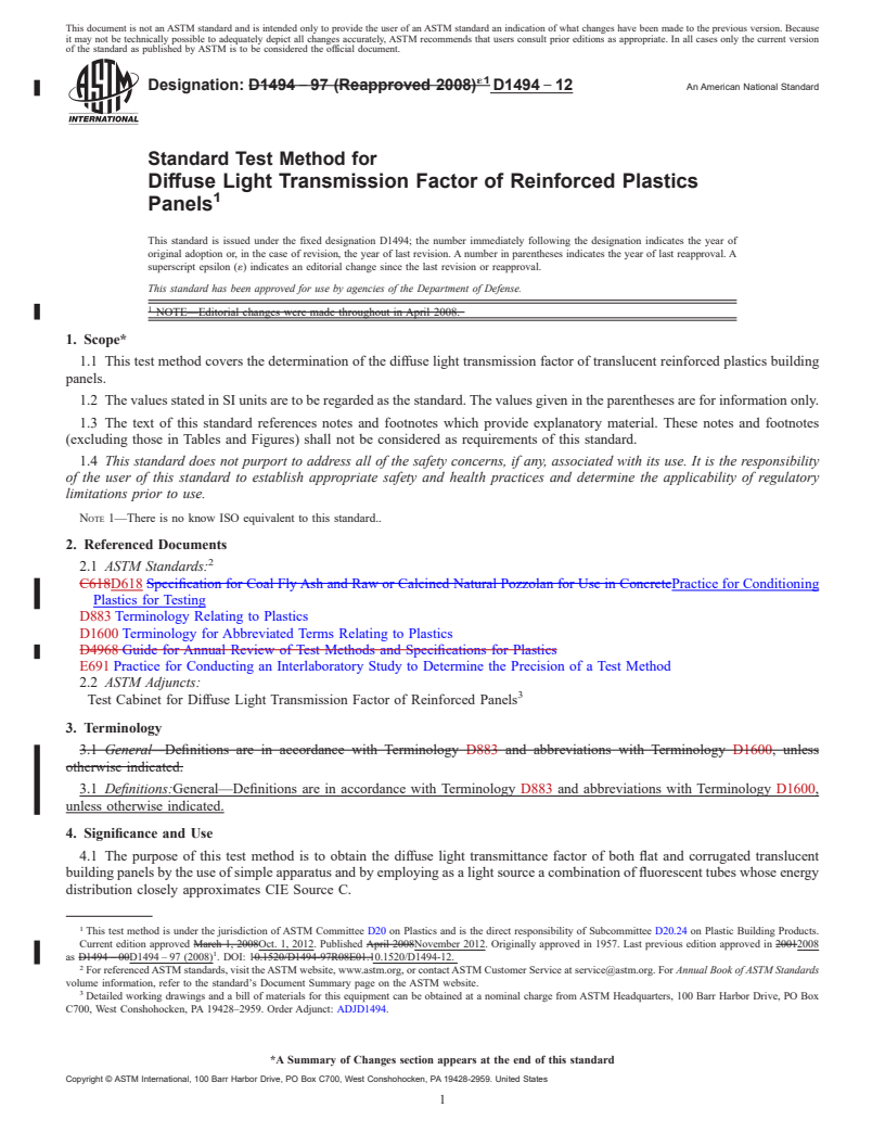 REDLINE ASTM D1494-12 - Standard Test Method for  Diffuse Light Transmission Factor of Reinforced Plastics Panels