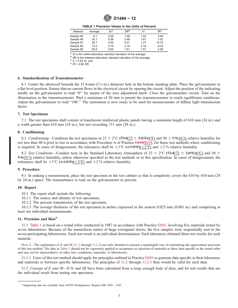 REDLINE ASTM D1494-12 - Standard Test Method for  Diffuse Light Transmission Factor of Reinforced Plastics Panels