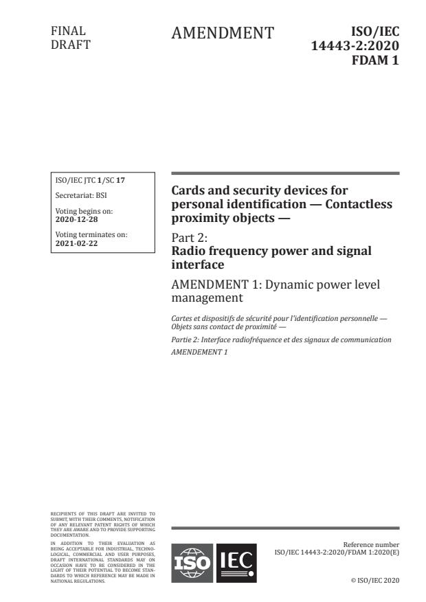 ISO/IEC 14443-2:2020/FDAmd 1:Version 26-dec-2020 - Dynamic power level management