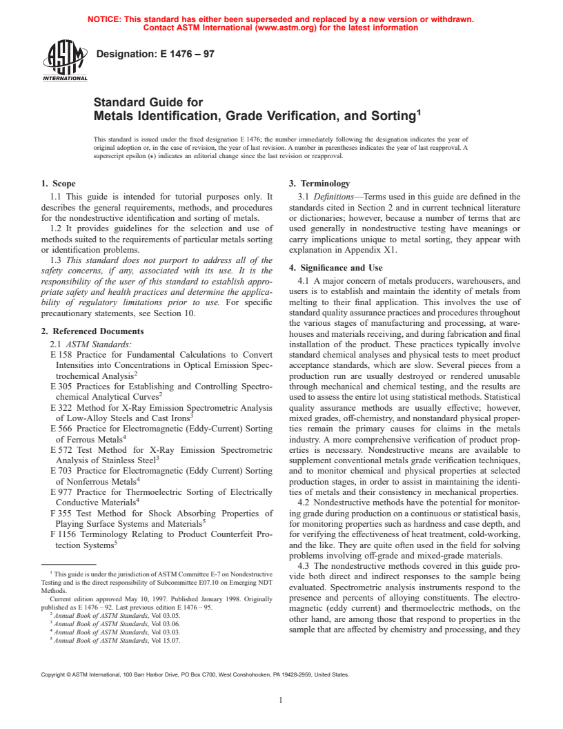 ASTM E1476-97 - Standard Guide for Metals Identification, Grade Verification, and Sorting