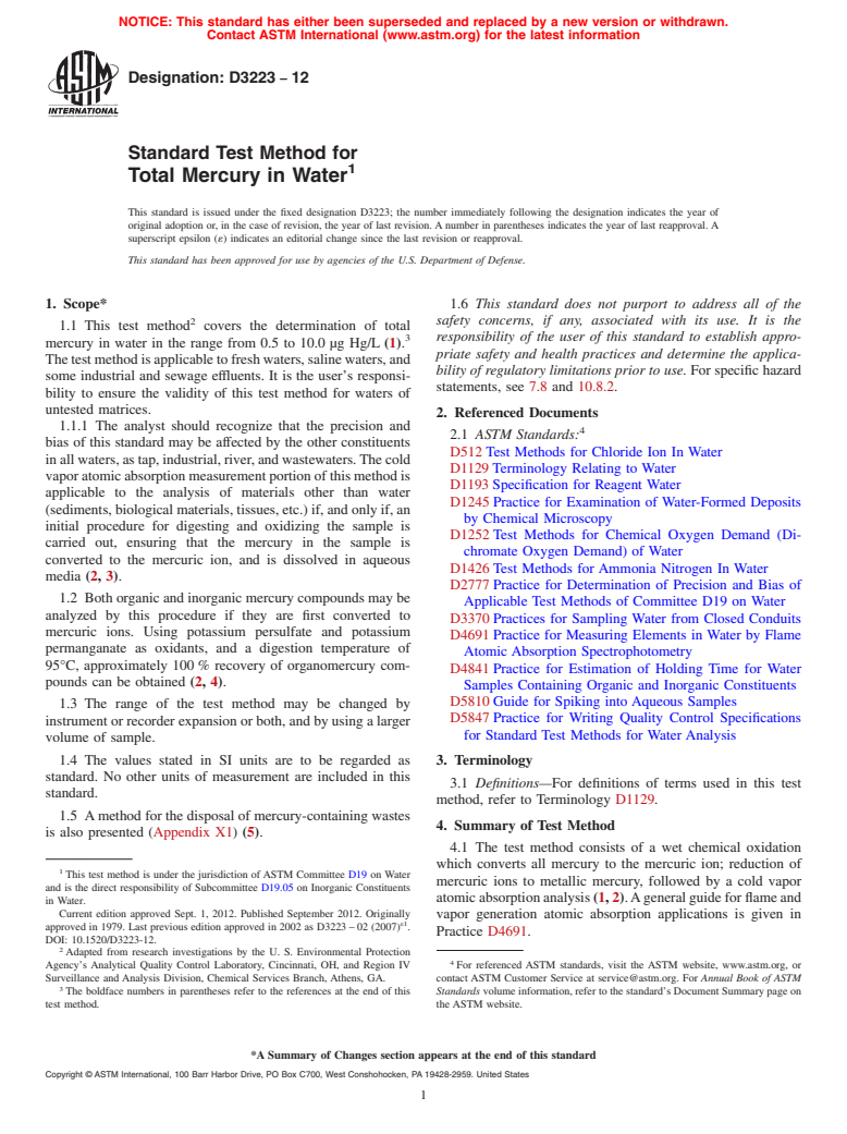 ASTM D3223-12 - Standard Test Method for  Total Mercury in Water