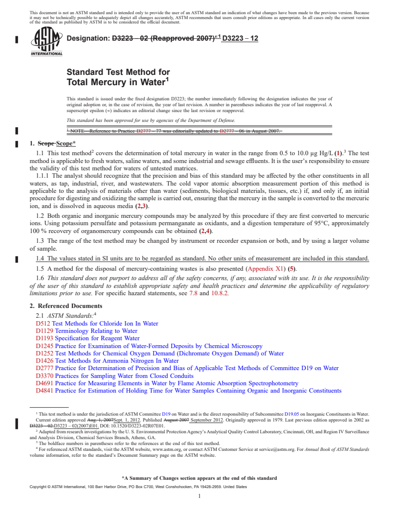 REDLINE ASTM D3223-12 - Standard Test Method for  Total Mercury in Water