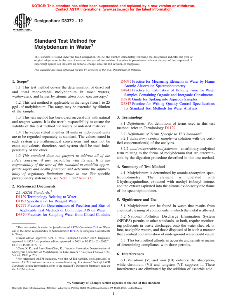 ASTM D3372-12 - Standard Test Method for  Molybdenum in Water