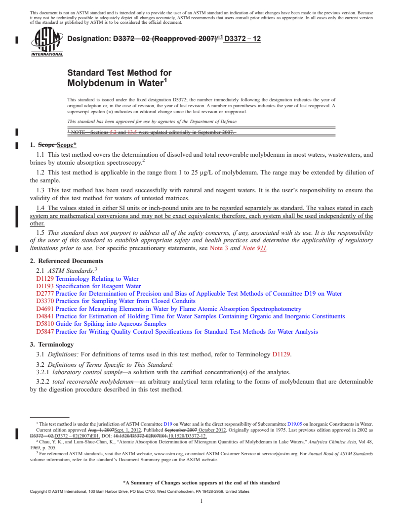 REDLINE ASTM D3372-12 - Standard Test Method for  Molybdenum in Water