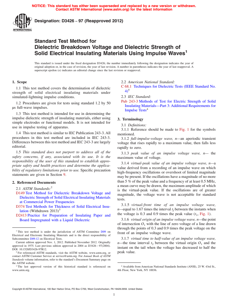 ASTM D3426-97(2012) - Standard Test Method for  Dielectric Breakdown Voltage and Dielectric Strength of Solid  Electrical Insulating Materials Using Impulse Waves