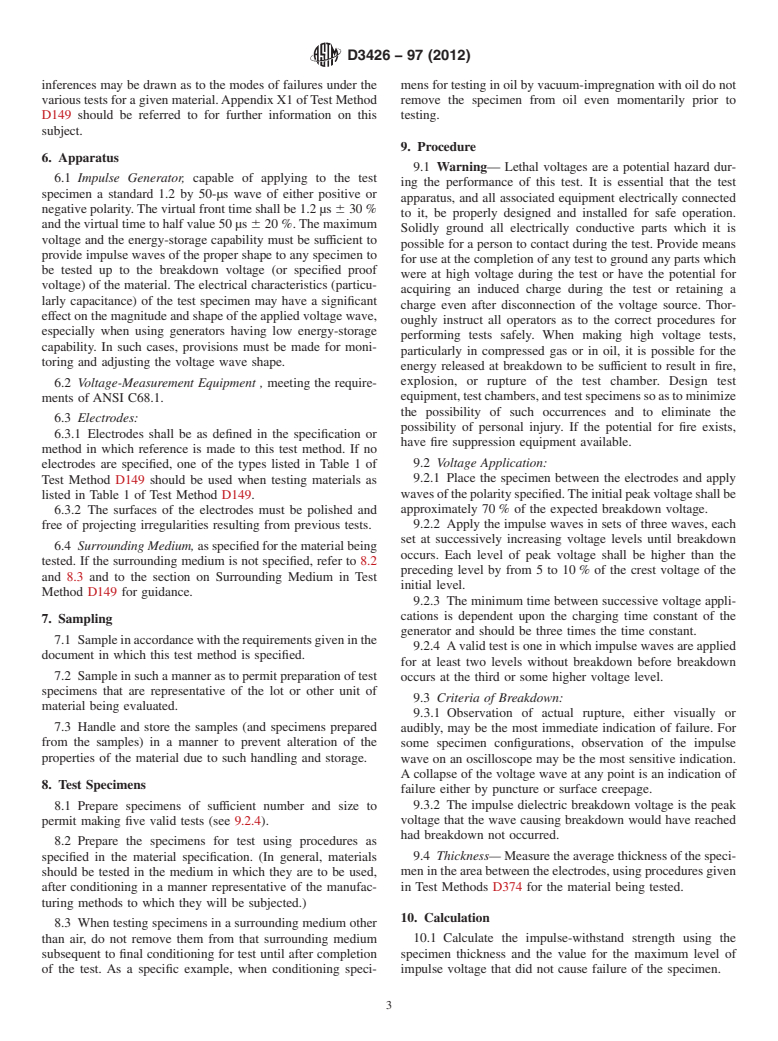 ASTM D3426-97(2012) - Standard Test Method for  Dielectric Breakdown Voltage and Dielectric Strength of Solid  Electrical Insulating Materials Using Impulse Waves