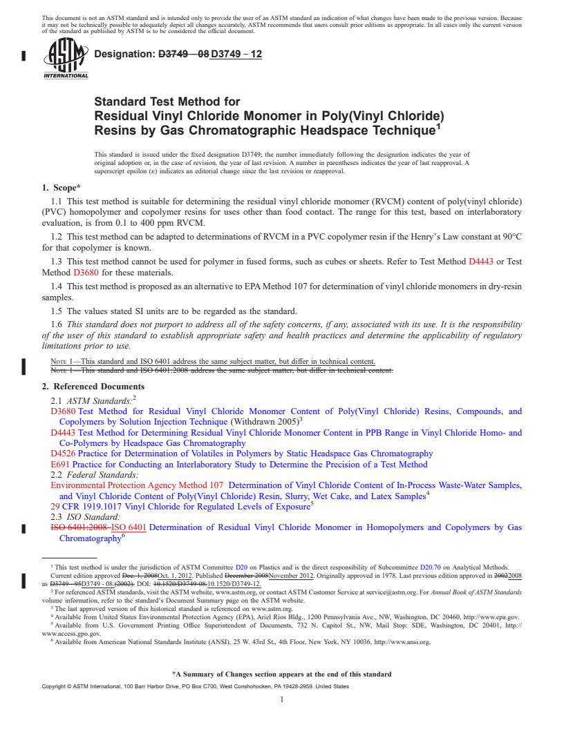 REDLINE ASTM D3749-12 - Standard Test Method for  Residual Vinyl Chloride Monomer in Poly(Vinyl Chloride) Resins  by Gas Chromatographic Headspace Technique