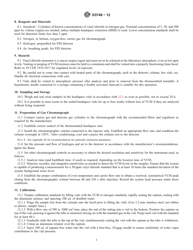 REDLINE ASTM D3749-12 - Standard Test Method for  Residual Vinyl Chloride Monomer in Poly(Vinyl Chloride) Resins  by Gas Chromatographic Headspace Technique