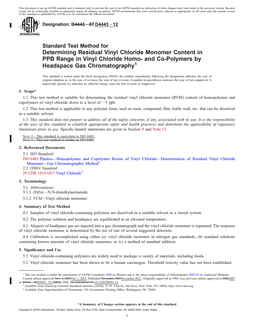 REDLINE ASTM D4443-12 - Standard Test Method for  Determining Residual Vinyl Chloride Monomer Content in PPB  Range in Vinyl Chloride Homo- and Co-Polymers by Headspace Gas Chromatography