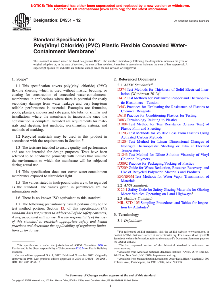 ASTM D4551-12 - Standard Specification for  Poly(Vinyl Chloride) (PVC) Plastic Flexible Concealed Water-Containment  Membrane