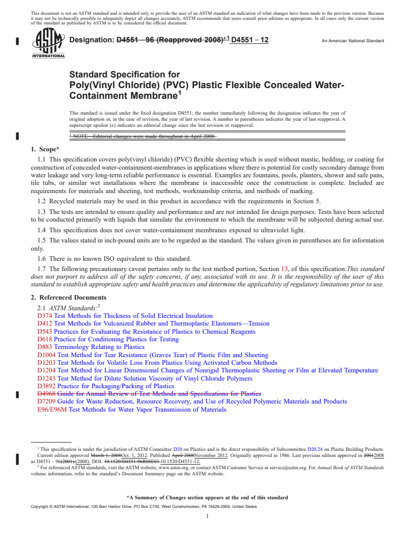 REDLINE ASTM D4551-12 - Standard Specification for  Poly(Vinyl Chloride) (PVC) Plastic Flexible Concealed Water-Containment  Membrane