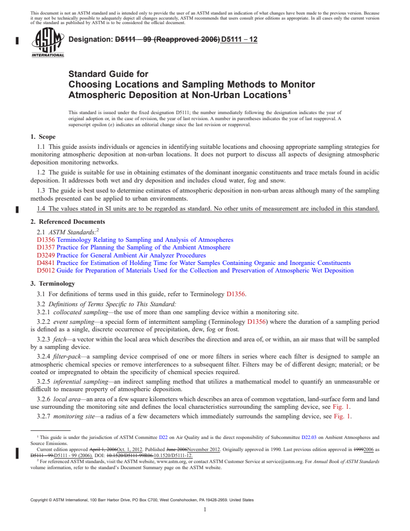 REDLINE ASTM D5111-12 - Standard Guide for  Choosing Locations and Sampling Methods to Monitor Atmospheric  Deposition at Non-Urban Locations