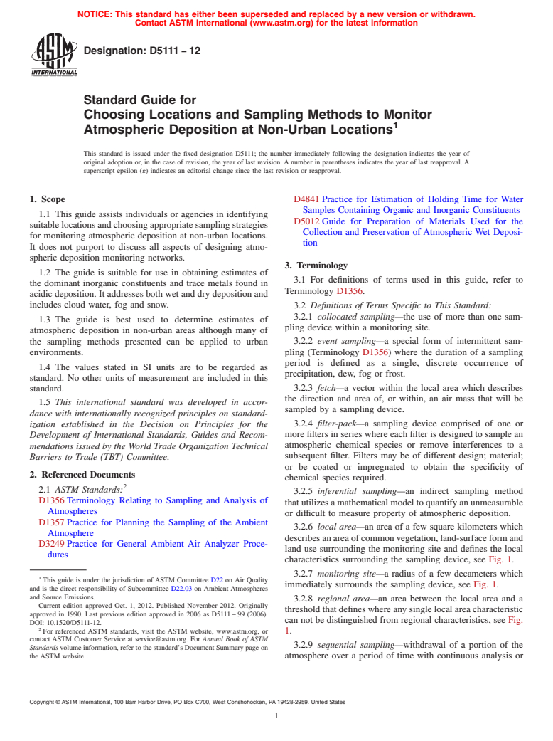 ASTM D5111-12 - Standard Guide for  Choosing Locations and Sampling Methods to Monitor Atmospheric  Deposition at Non-Urban Locations