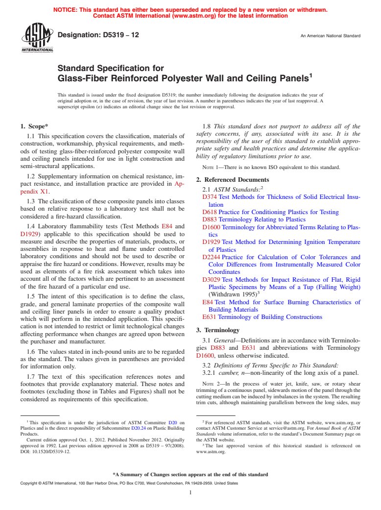 ASTM D5319-12 - Standard Specification for Glass-Fiber Reinforced Polyester Wall and Ceiling Panels