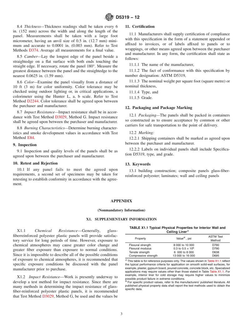 ASTM D5319-12 - Standard Specification for Glass-Fiber Reinforced Polyester Wall and Ceiling Panels