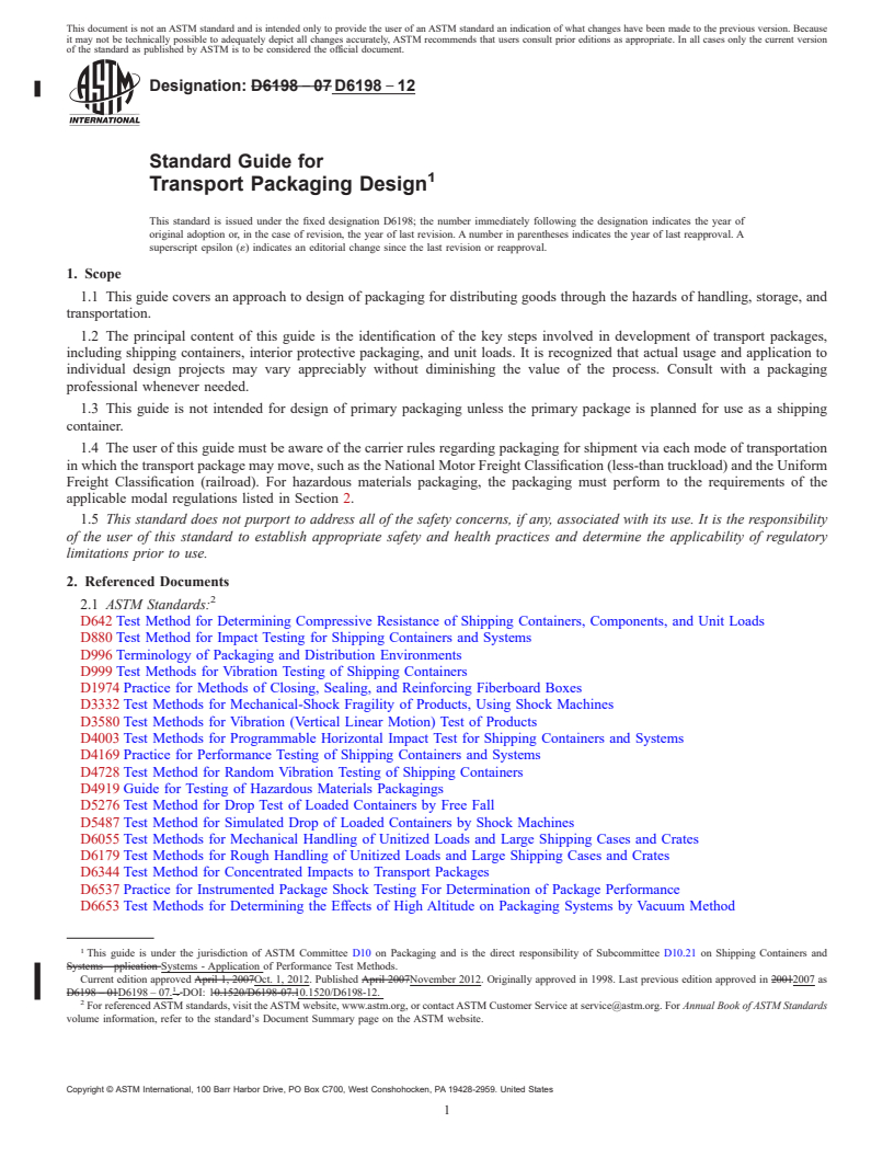 REDLINE ASTM D6198-12 - Standard Guide for  Transport Packaging Design