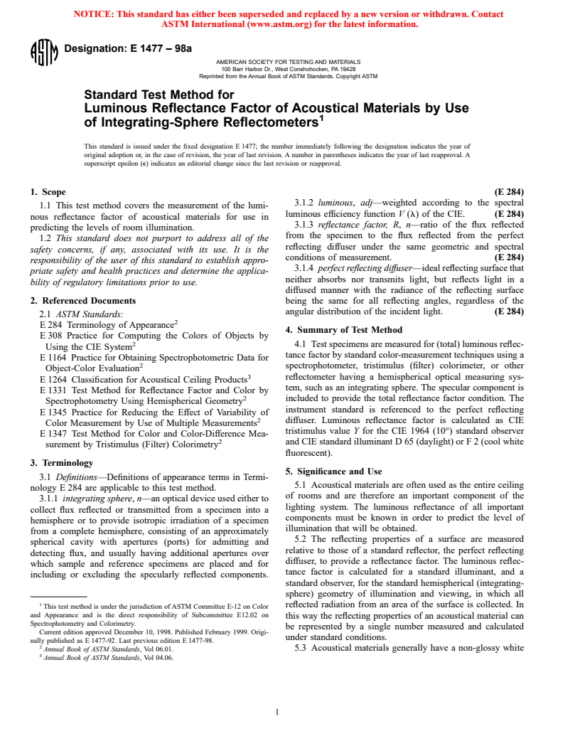 ASTM E1477-98a - Standard Test Method for Luminous Reflectance Factor of Acoustical Materials by Use of Integrating-Sphere Reflectometers