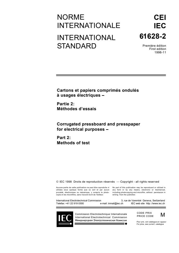 IEC 61628-2:1998 - Corrugated pressboard and presspaper for electrical purposes - Part 2: Methods of test