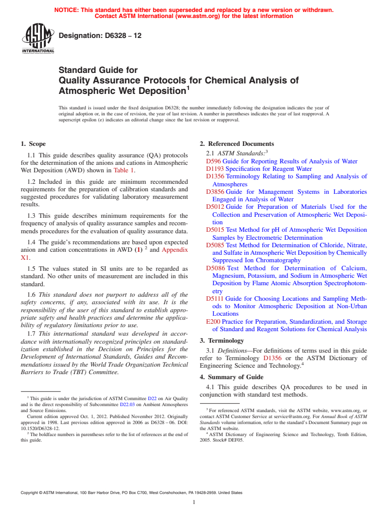 ASTM D6328-12 - Standard Guide for Quality Assurance Protocols for Chemical Analysis of Atmospheric Wet Deposition