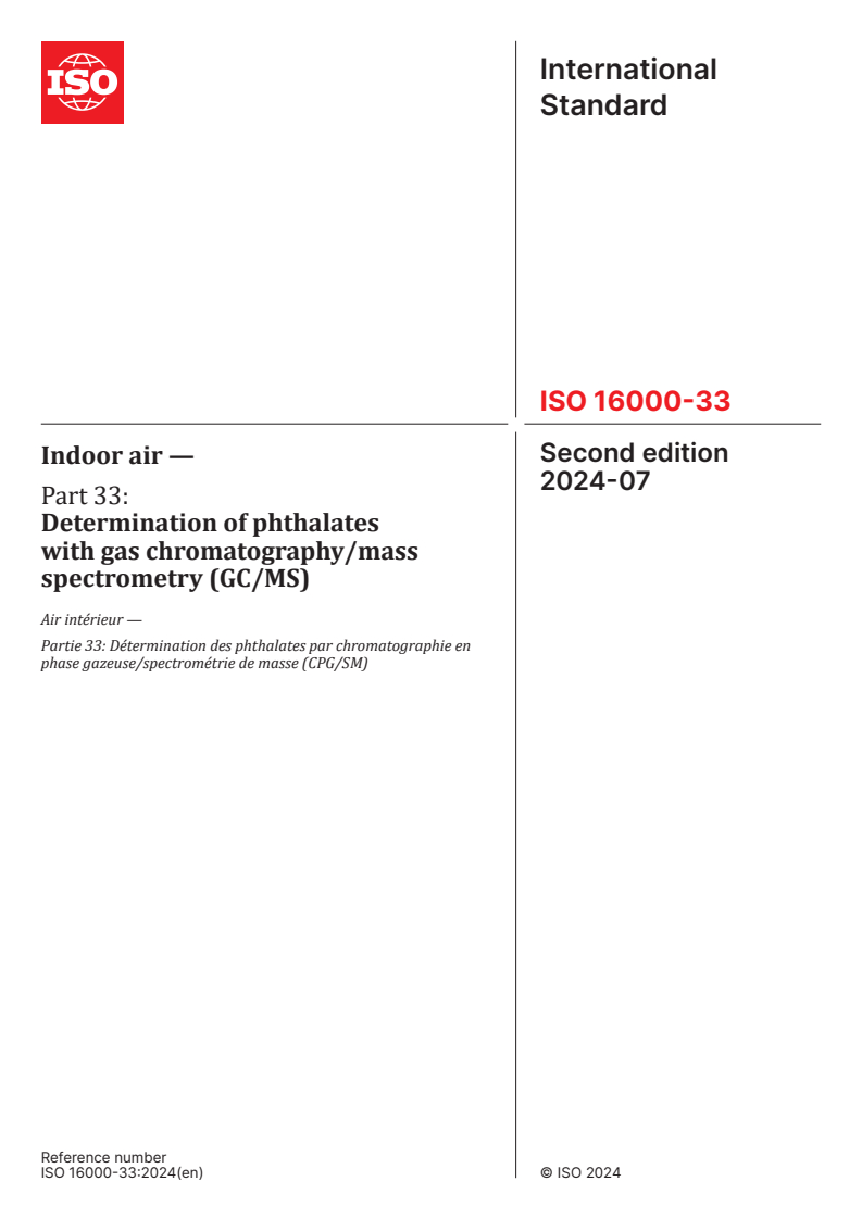 ISO 16000-33:2024 - Indoor air — Part 33: Determination of phthalates with gas chromatography/mass spectrometry (GC/MS)
Released:2. 07. 2024